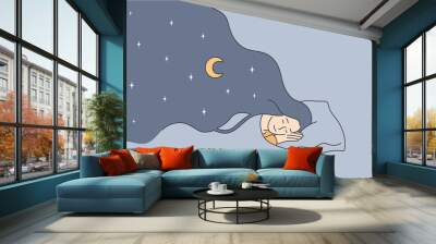 Having sweet dreams at night concept. Young positive girl cartoon character lying in bed sleeping having dreams with eyes closed vector illustration  Wall mural