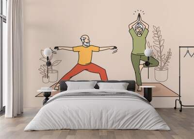 Healthy active lifestyle of elderly people concept. Smiling senior couple woman and man practicing yoga on fitness mat at home together vector illustration  Wall mural