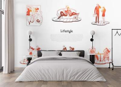 Lifestyle - couple riding bicycles, sleeping, resting on sofa, working, walking dog together vector concept sets Wall mural