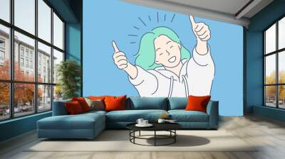 Like sign, joy, approval, happiness concept. Young happy smiling woman or girl teenager cartoon character showing thumbs up. Success and goal achievement facial expression flat vector illustration. Wall mural