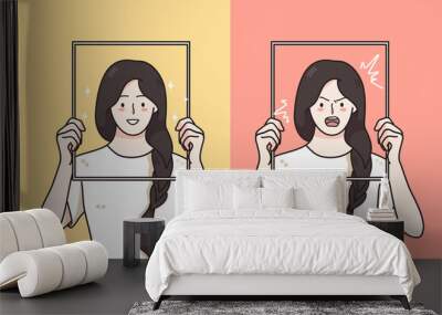 Mental changes, Contrasts in mood concept. Women holding frames with happy laughing cheerful and angry aggressive furious expression of faces over yellow and pink background vector illustration  Wall mural