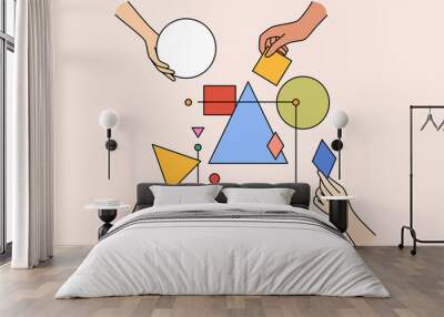 Multiethnic work team connect geometrical shapes and figures involved in teambuilding activity. Hands building system together. Partnership and teamwork concept. Vector illustration.  Wall mural