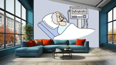 Old woman in mask lying under ventilator in hospital. Mature patient breathing with ventilating machine. ICU hospital intensive. Vector illustration.  Wall mural