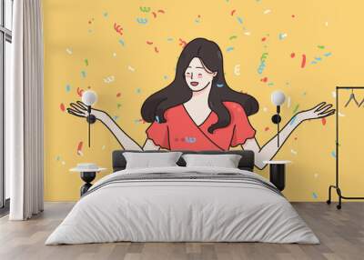 Party and celebrating event concept. Young smiling female in red dress cartoon character standing and touching colorful confetti in air vector illustration  Wall mural