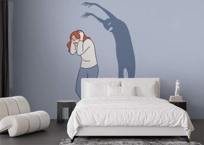 Psychology, panic attack, phobia, frustration concept. Frightened Woman cartoon character standing escaping scary shadow monster suffering from fears of mental health vector illustration  Wall mural