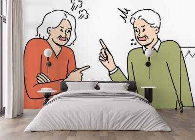 Quarrel elderly man and woman expressing mutual complaints or insults accumulated over years of marriage. Quarrel old people due to political differences and oppositional views on government actions Wall mural