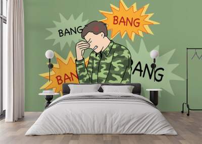 Remembering war and battle concept. Sad stressed soldier standing touching face remembering war fights and weapon battles with bang bang lettering around vector illustration  Wall mural