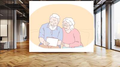 Senior elderly couple living happy active lifestyle concept. Mature aged couple grandparents cartoon characters sitting looking at photos in photo album and enjoying time and love together at home  Wall mural