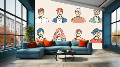 Set of diverse people of different ages and genders profile pictures. Collection of smiling young and old men and women avatar portraits and faces. Generation and diversity. Vector illustration.  Wall mural