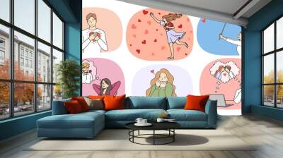 Set of happy young people catch hearts with net look for love. Collection of smiling men and women feel affection and romance enjoy relationships with partners. Relation. Vector illustration.  Wall mural