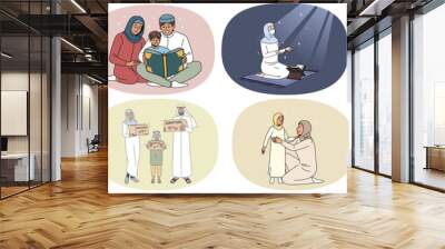 Set of religious Muslim family in traditional clothing praying to Allah. Collection of Arabian people follow moslem traditions and customs. Religion and faith concept. Vector illustration.  Wall mural