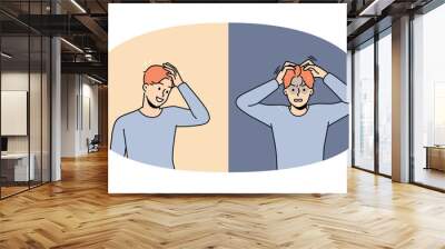 Set of young man suffer from dandruff versus excited with clean healthy hair after treatment. Concept of medical or beauty procedures for haircare. Vector illustration. Wall mural