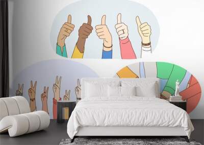 Sign and gesture language, hands emotion expression concept. Hands of mixed race people showing thumbs up sign, peace fingers sign and making heap of hands showing teamwork and mutual support  Wall mural