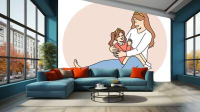 Smiling mother and little girl in princess crowns playing at home together. Happy mom have fun enjoy playtime with daughter. Motherhood. Vector illustration. Wall mural