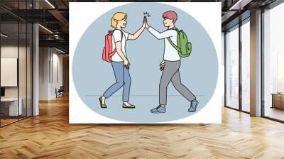 Smiling schoolchildren walking outdoors give high five. Happy friends greeting using non-verbal communication. Vector illustration. Wall mural