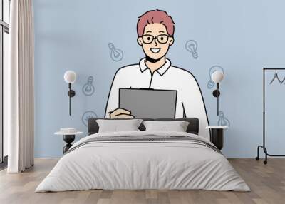 Smiling young man with folder in hands generate creative business ideas. Happy motivated guy in glasses holding paperwork document. Business and creativity. Vector illustration.  Wall mural