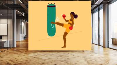 Sport, strength, fight, training, fitness concept. Young strong african american woman girl character with boxing gloves and sportswear kicking bag in gym. Active recreation and workout illustration. Wall mural