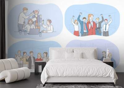 Success, agreement, business, negotiations, teamwork concept. Happy young business people partners cartoon characters showing thumb up sign after successful meeting, discussing business development  Wall mural