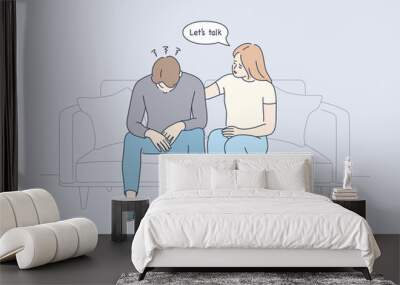 Support, mental depression, suicide prevention day concept. Young caring woman cartoon character sitting on sofa, touching shoulder of depressed man and trying to help or support him illustration  Wall mural