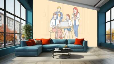 Teamwork, coworking, cooperation concept. A team of creative young people are thinking about a new business idea or start up. Simple flat vector. Wall mural