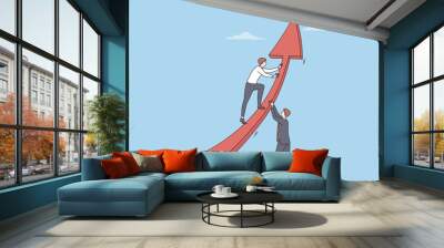 Teamwork, development, collaboration in business concept. Two young businessmen in suits putting huge red arrow up as symbol of success and progress together vector illustration  Wall mural