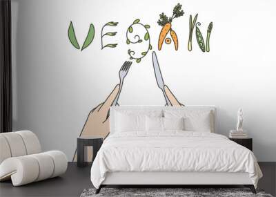 Vegan food and dieting concept. Human hands forming word began out of cutlery and raw natural vegetarian natural ingredients for healthy eating vector illustration  Wall mural