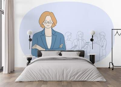 Woman boss and director concept. Smiling woman in glasses and suit standing with workers in office at background feeling confident vector illustration  Wall mural