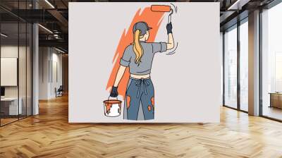 Woman painting wall with roller. Female worker or employee renovate room by herself. Renovation and interior design concept. Vector illustration.  Wall mural