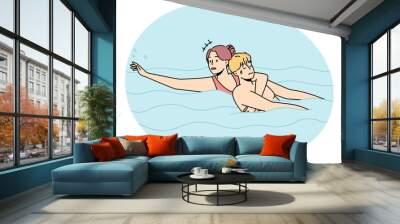 Woman saving man drowning in water. Lifeguard help guy going under in swimming pool. Emergency and rescue. Vector illustration. Wall mural