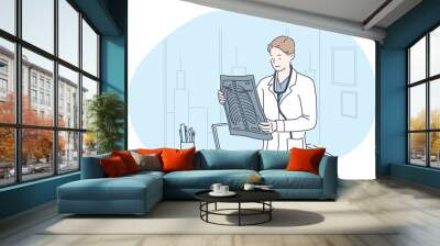 X-ray in medicine and surgery concept. Man doctor therapist in medical uniform standing, holding and looking at x-ray shot of injured patients spine in hospital clinic office vector illustration  Wall mural