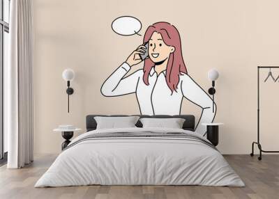 Young businesswoman talk on cellphone with client or customer. Smiling woman employee have cellphone conversation. Business communication. Vector illustration.  Wall mural