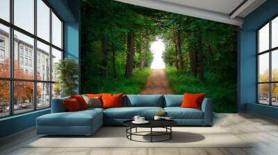 Straight path leading into a forest clearing formed as a keyhole Wall mural