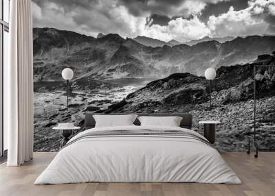 Five lakes valley in High Tatra Mountains in black and white Wall mural