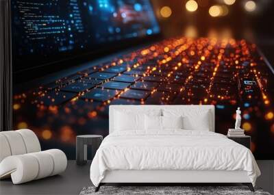 A close-up of a laptop keyboard with glowing keys, suggesting activity and innovation. Wall mural