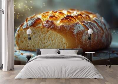 A freshly baked loaf of bread with a golden crust and soft crumb, dusted with flour on a wooden surface. Wall mural