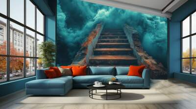 A stone staircase leading up to the heavens with a dramatic, moody, and ethereal sky with clouds. Wall mural