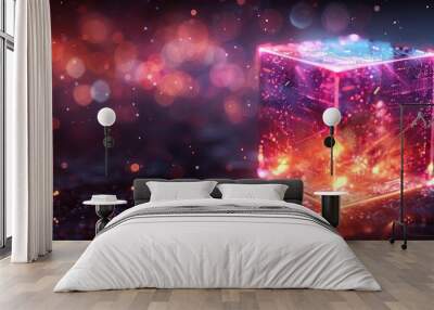 Abstract digital data cube in technology futuristic wireframe style Wall mural