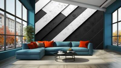 Abstract geometric pattern with black and white stripes on a textured background. Wall mural