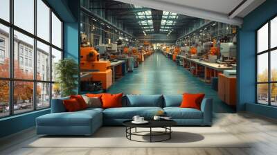 An industrial factory with rows of machinery and a long blue tiled floor with natural light streaming from the ceiling. Wall mural