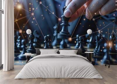 business organize strategy brainstorm chess board game with hand touch king figure double exposure with digital graphic line connecting diagram business ideas concept Wall mural