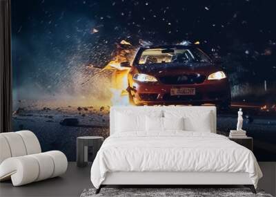 Car crash dangerous accident on the road at night Wall mural