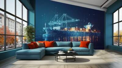 Cargo Ship in Digital Network of Lines Wall mural