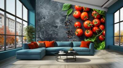 Fresh Tomatoes, Greens, and Spices on a Rustic Background Wall mural