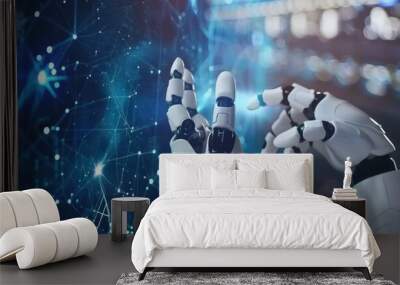 Robotic Hand Interacting with Digital Network Wall mural