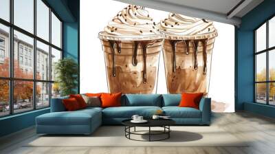 Two Iced Coffee Drinks with Whipped Cream and Chocolate Drizzle. Wall mural