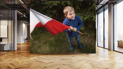 Smiling little boy with polish national red-white flag Wall mural