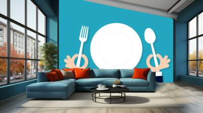 cartoon hahds holding fork and spoon with empty plate Wall mural