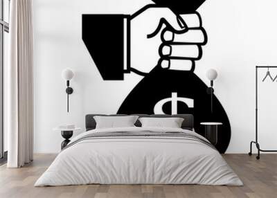 Hand holding money bag silhouette icon. Clipart image isolated on white background Wall mural