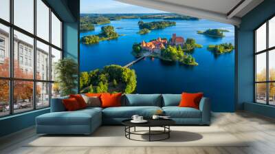 Blue lakes around old castle Trakai in Lithuania aerial view. View from above to Trakai castle Wall mural