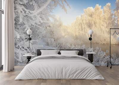 Frosty winter scene. Winter landscape in morning frost. White hoarfrost on plants and branches of trees. Christmas background. Cold snowy nature on bright sunny day. Xmas time. Natural winter scene. Wall mural